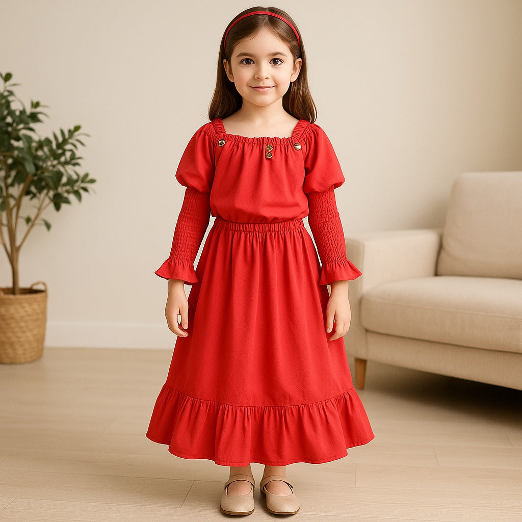 Girl Solid Bell Sleeve Fit and Flare Frock Dress