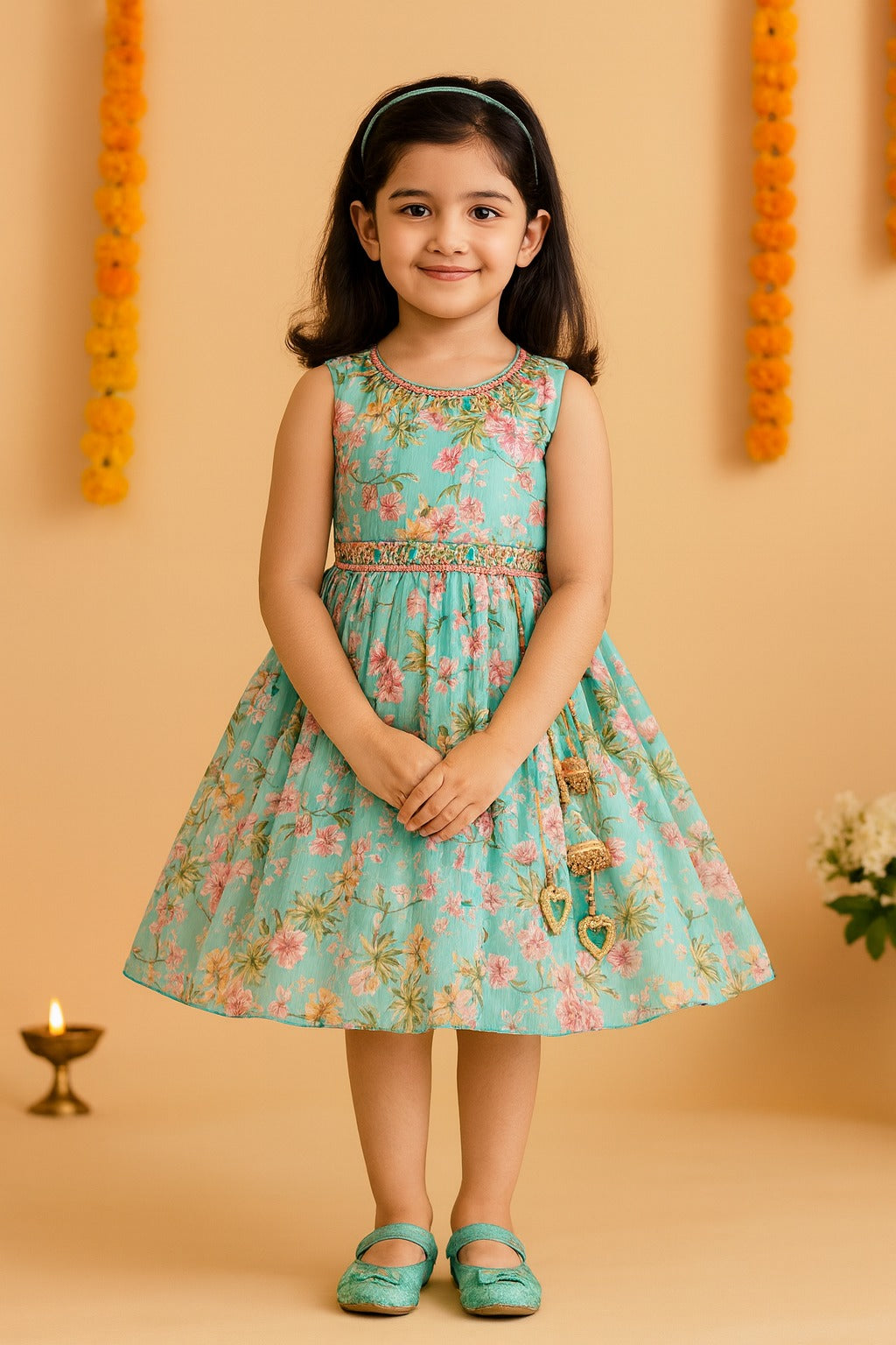 Girls Floral Chiffon Summer Dress with Mirror Work Festive Wear