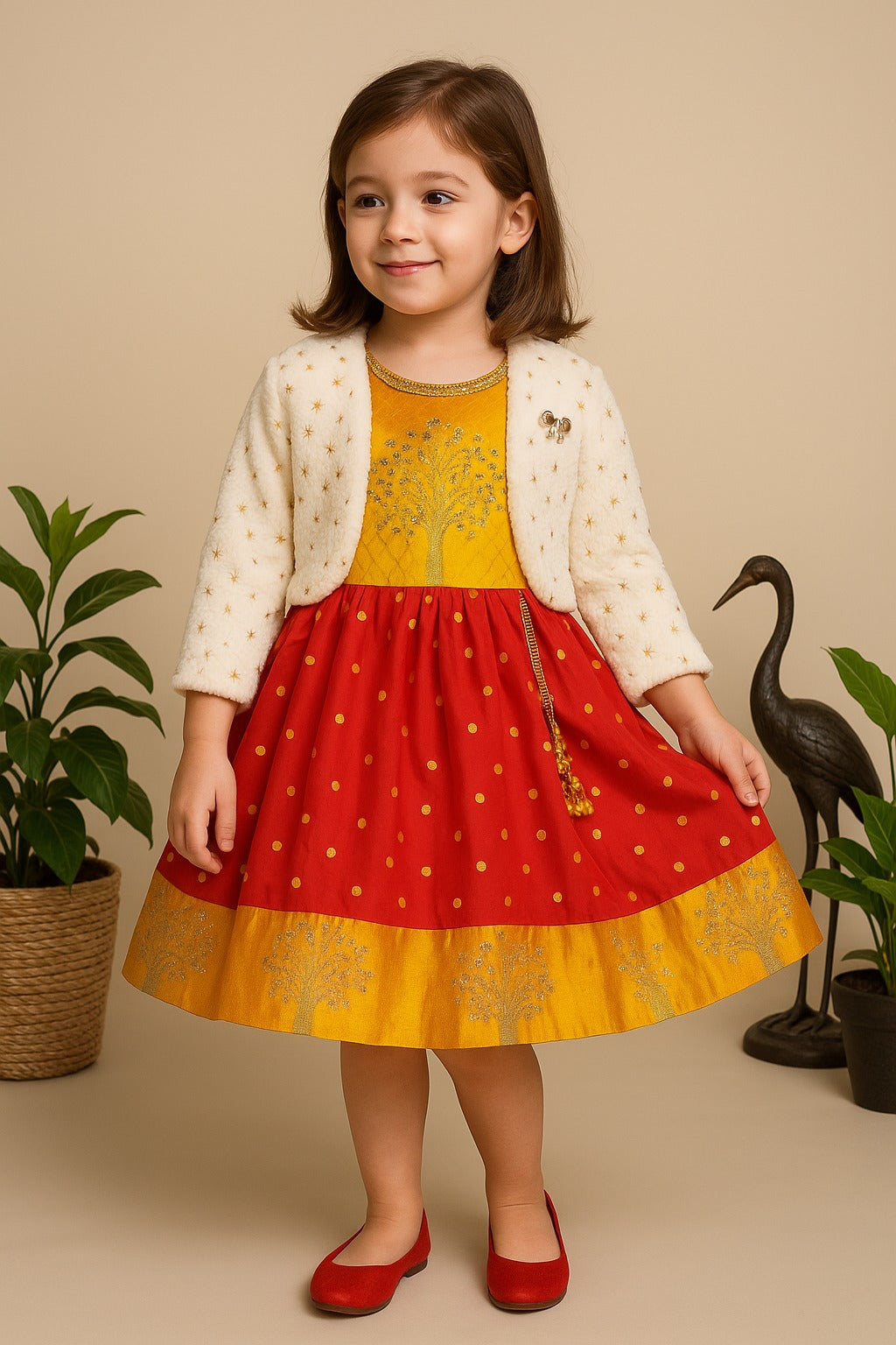 Red & Yellow Satin Party Frock with Cream Fur Jacket for Girls – Full Sleeves, Winter Ethnic Wear