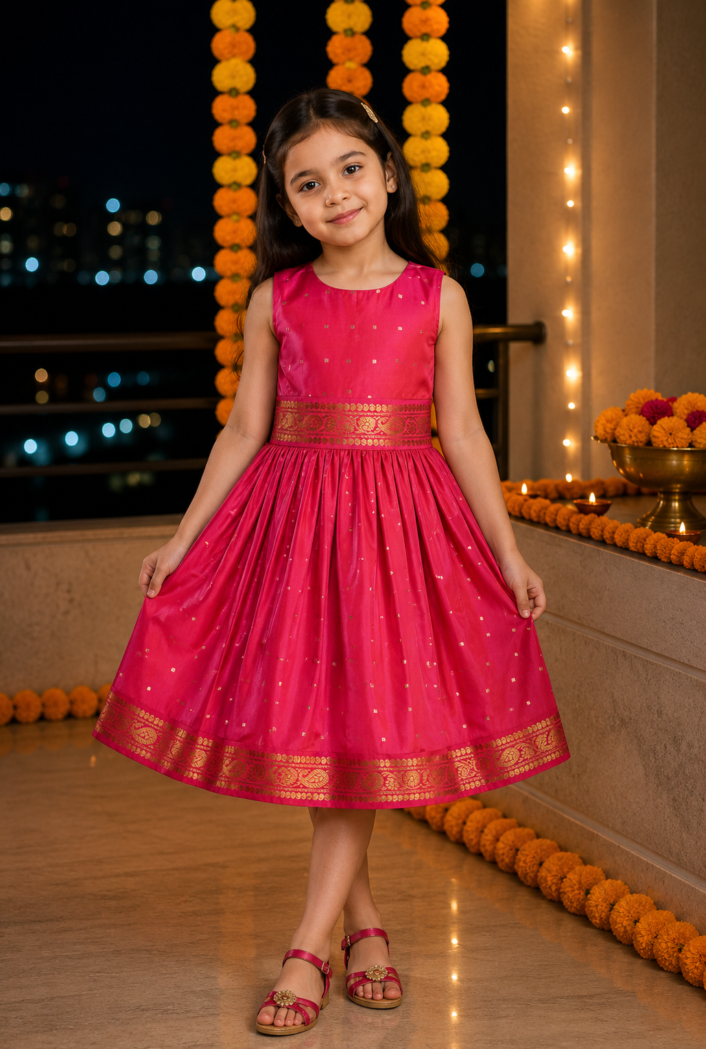 Girls Embellished Polka Dots Satin Ethnic Frock - 1