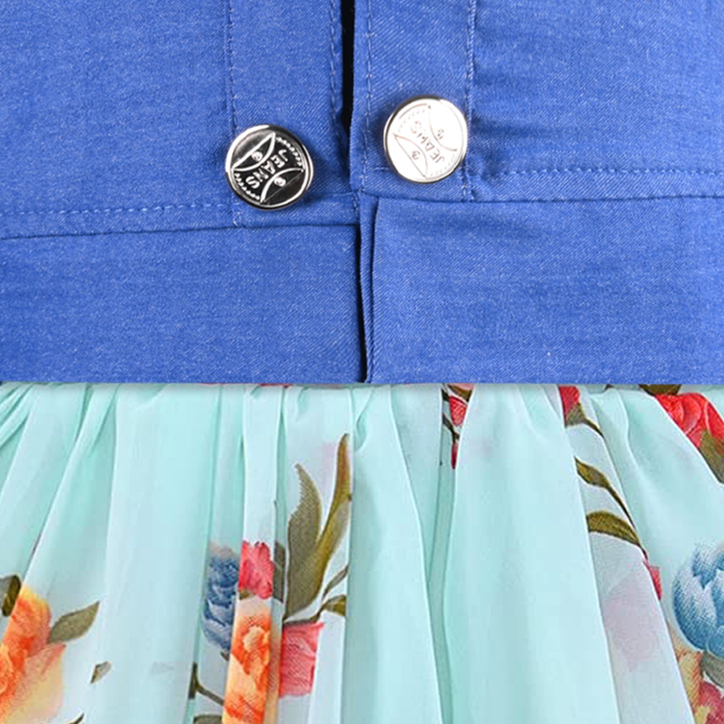 Girls Georgette Floral Dress with Denim Jacket – Full Sleeve Party Wear Frock