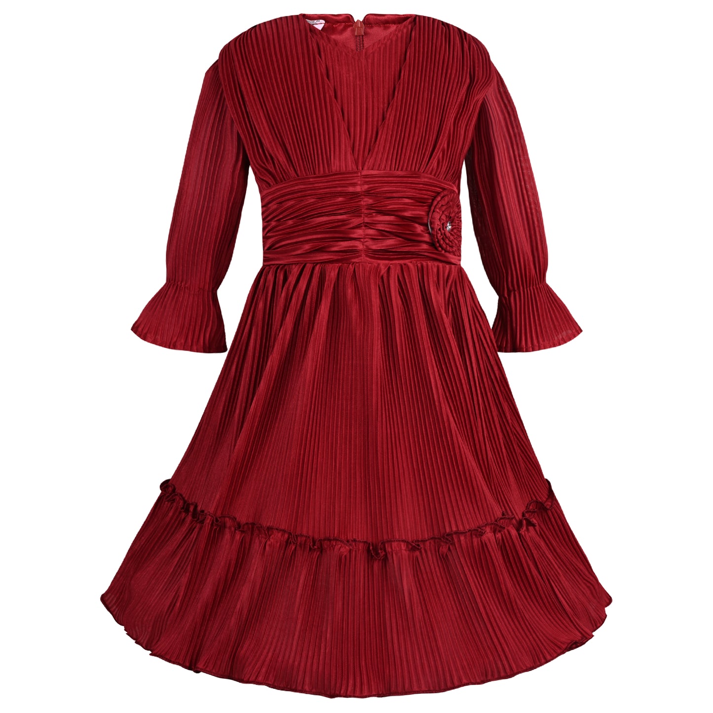 Girls Solid Bell Sleeve Fit and Flare Frock Dress