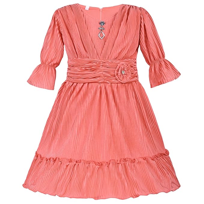 Girls Solid Bell Sleeve Fit and Flare Frock Dress