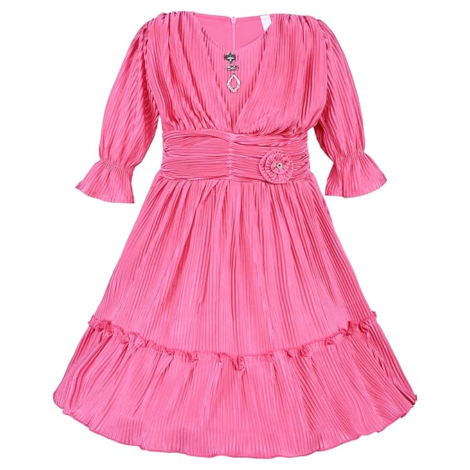 Girls Solid Bell Sleeve Fit and Flare Frock Dress