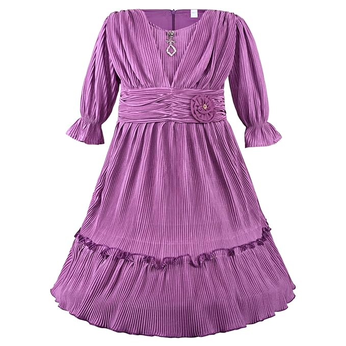 Girls Solid Bell Sleeve Fit and Flare Frock Dress