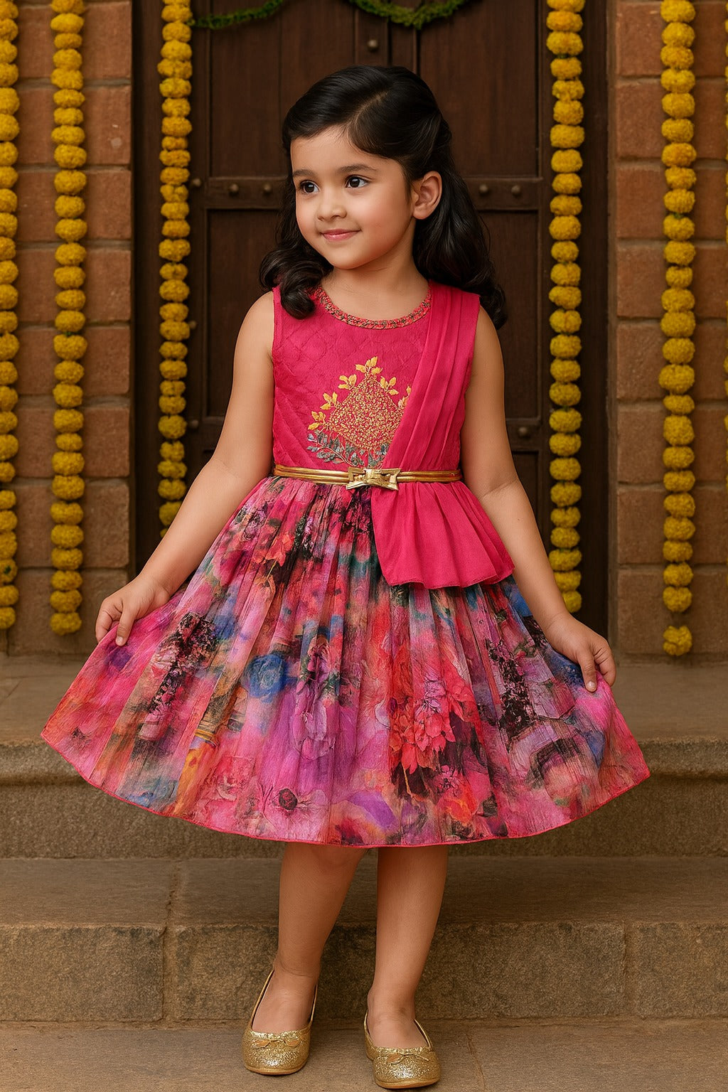 Girls Knee Length Satin Floral Print Dress