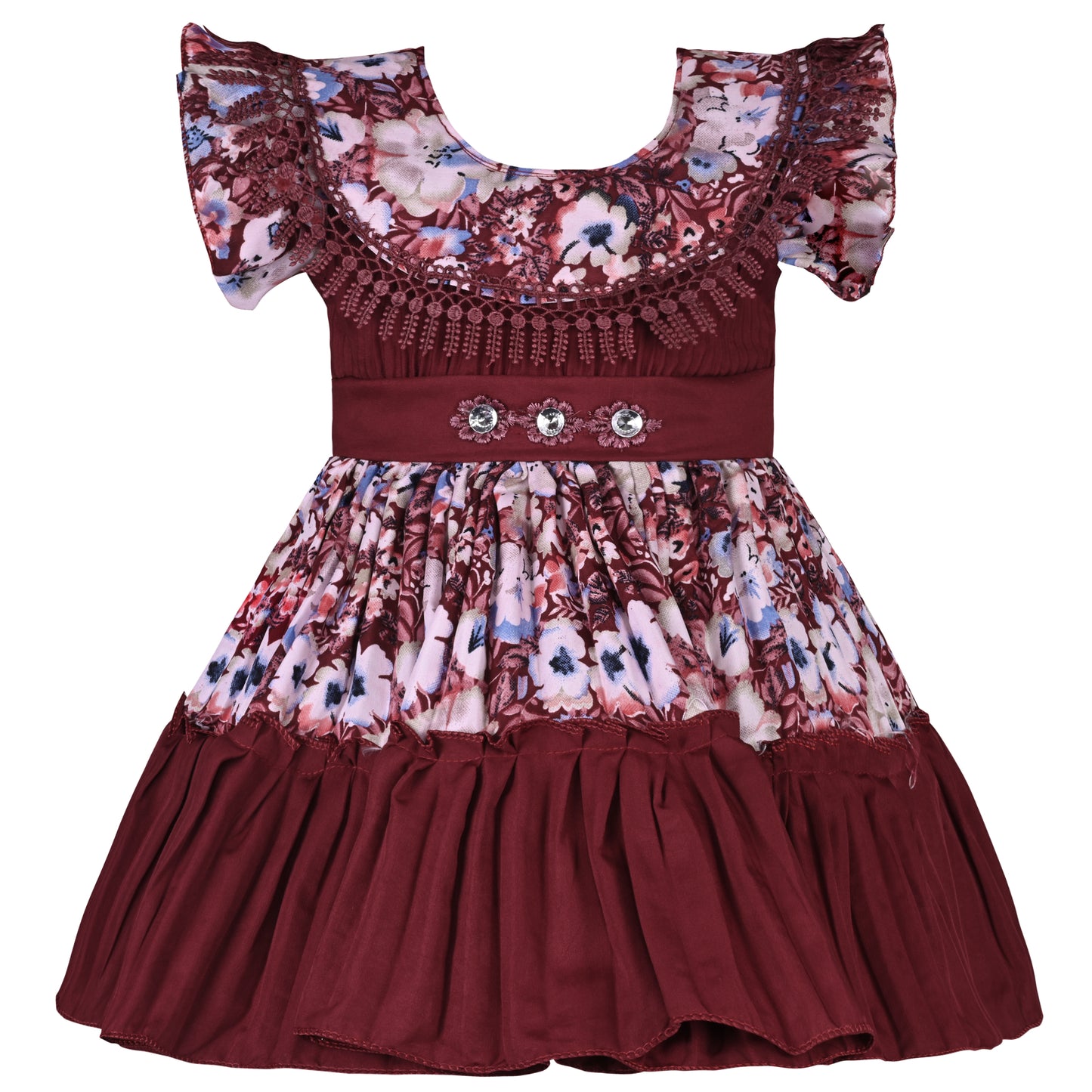 Girls Floral Print Flared Sleeve Fit and Flare Frock Dress