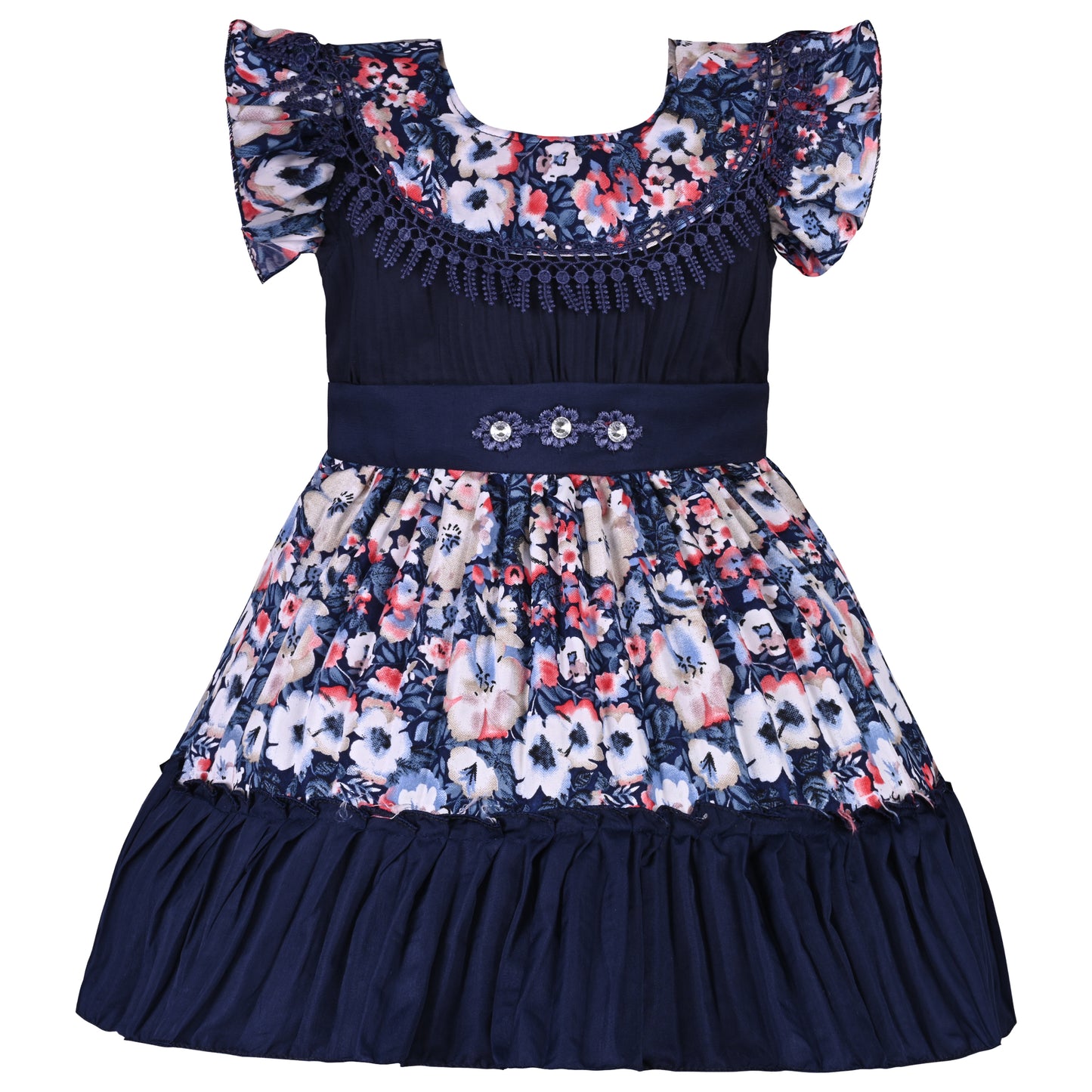 Girls Floral Print Flared Sleeve Fit and Flare Frock Dress