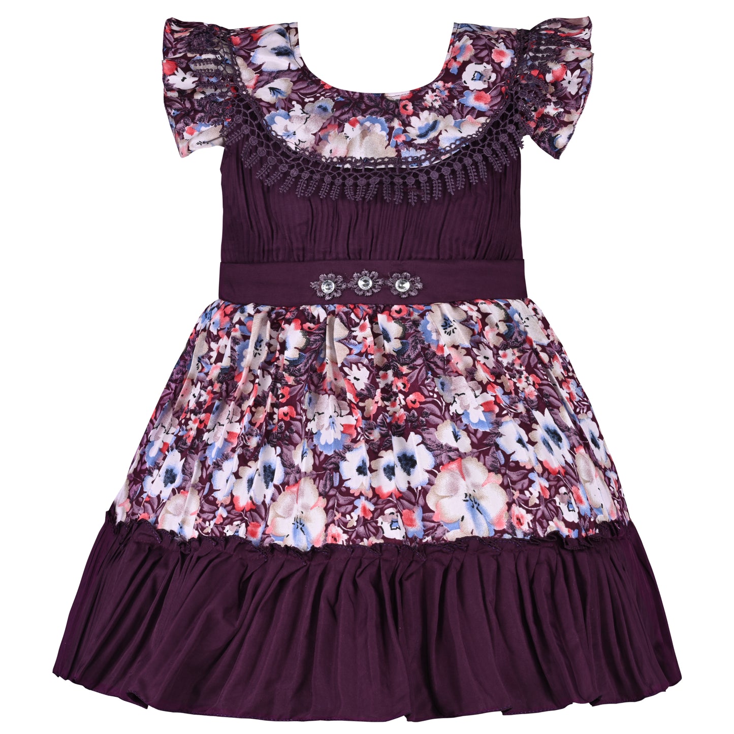 Girls Floral Print Flared Sleeve Fit and Flare Frock Dress