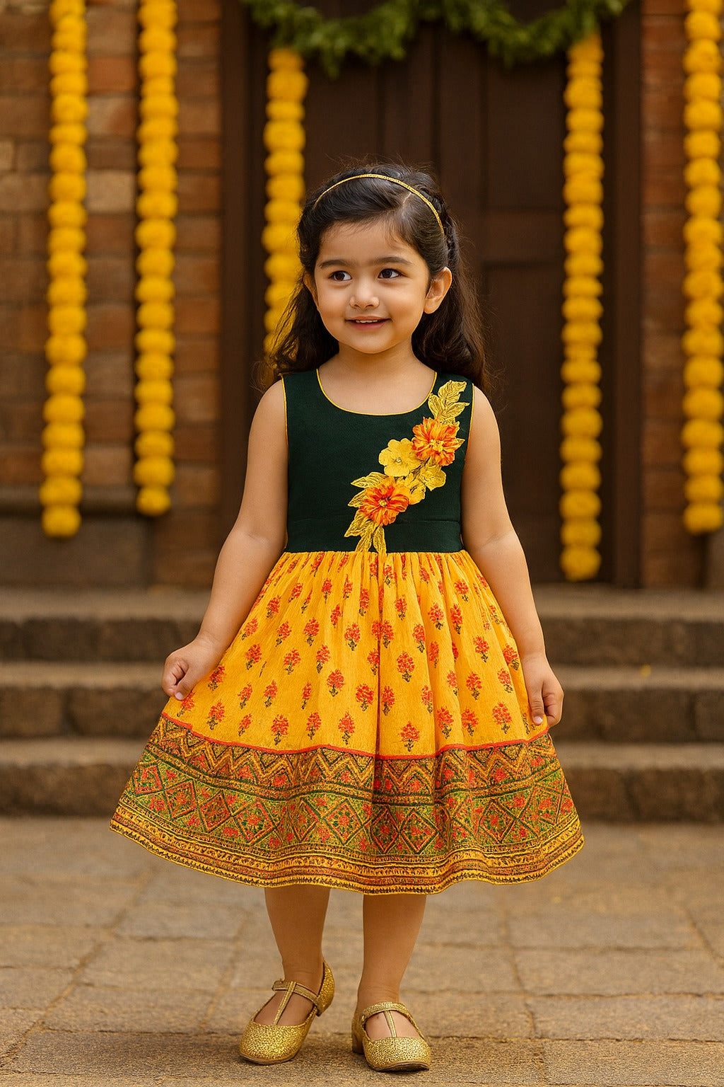 Girls Printed Floral Applique Casual Dress