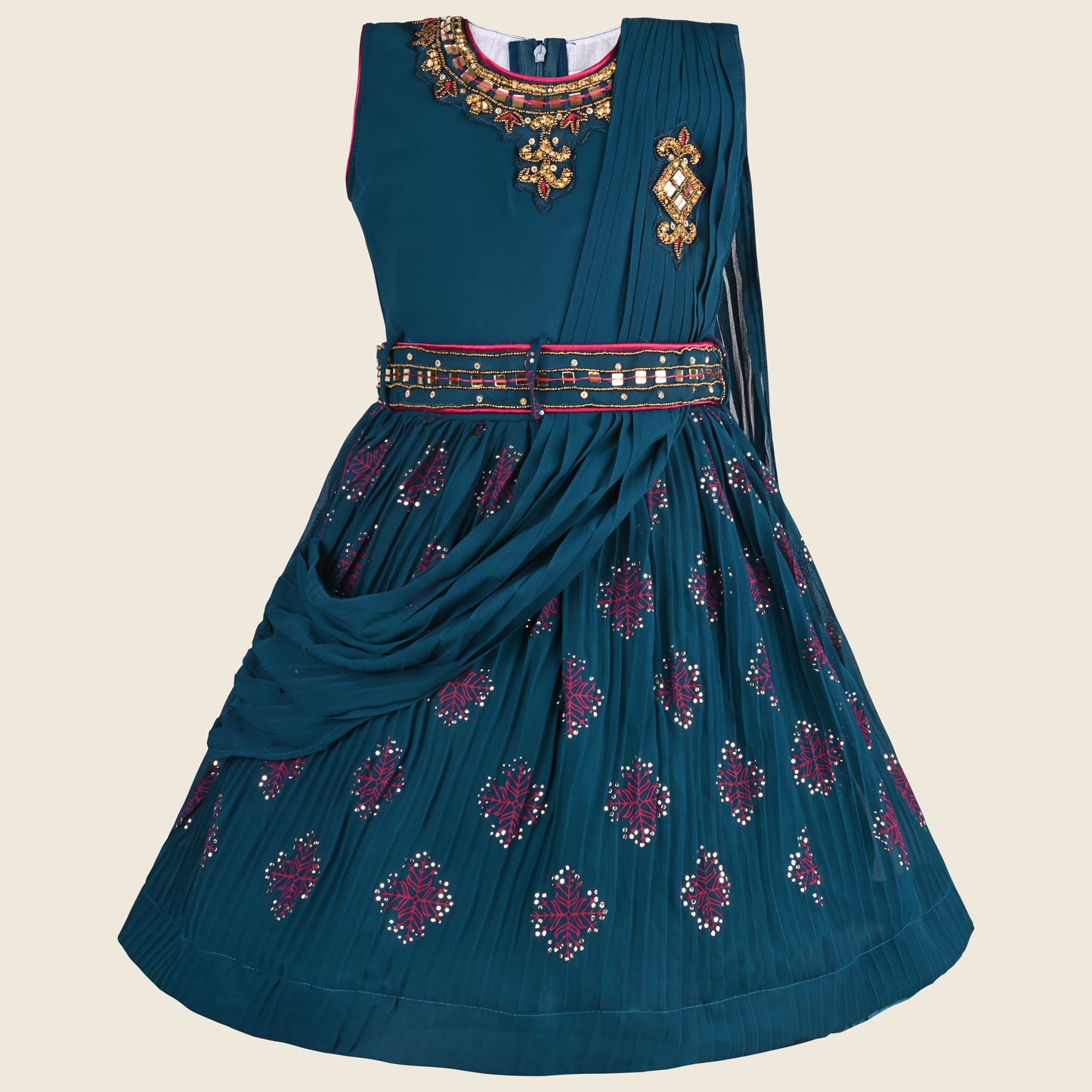 Girls Embellished and Printed Ethnic Dress with Attached Duppata