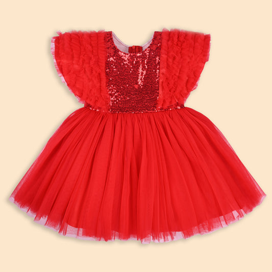 Girls Knee Length Net Sequin Print Frock Dress