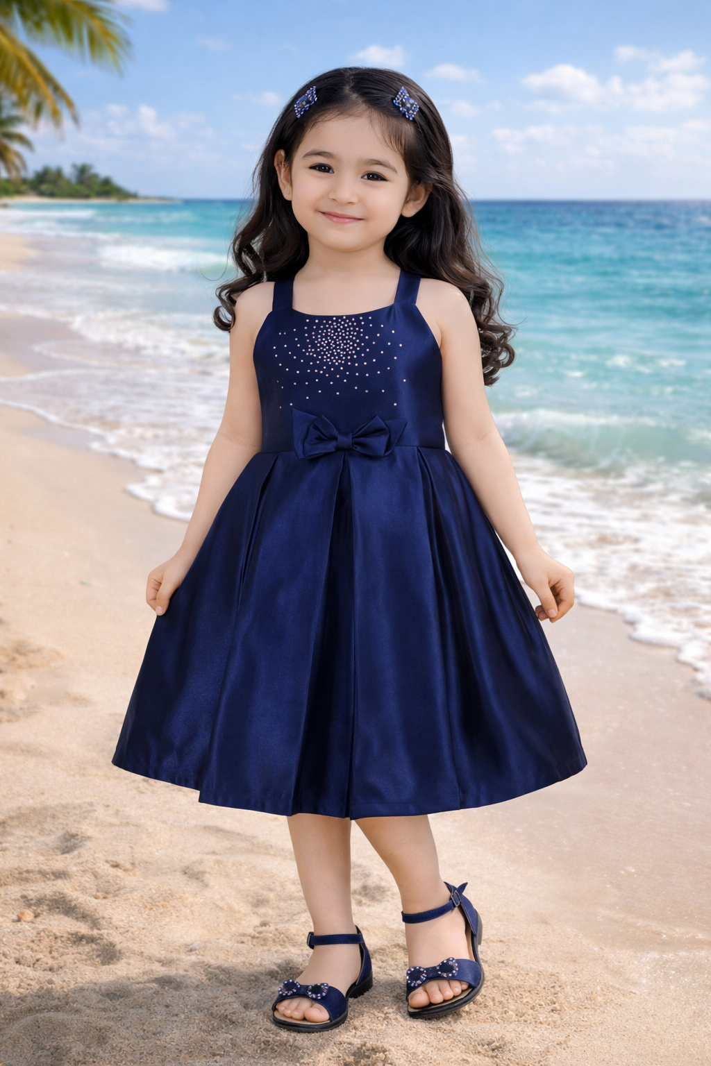 Girls Solid Lycra Party Frock with Bow Detail