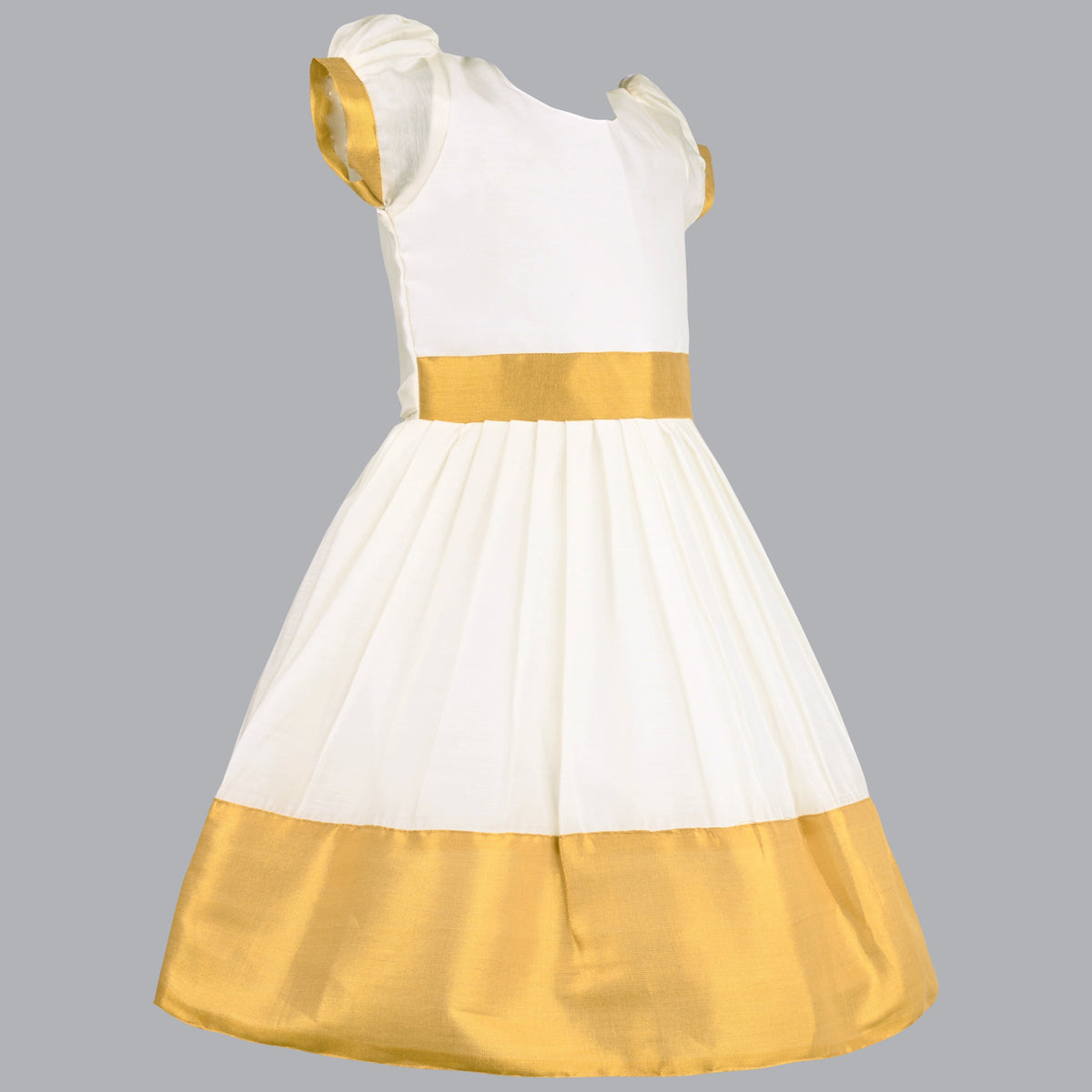 Baby Girls Golden Zari Kasavu Pleated Onam Frock Dress fe3304wht