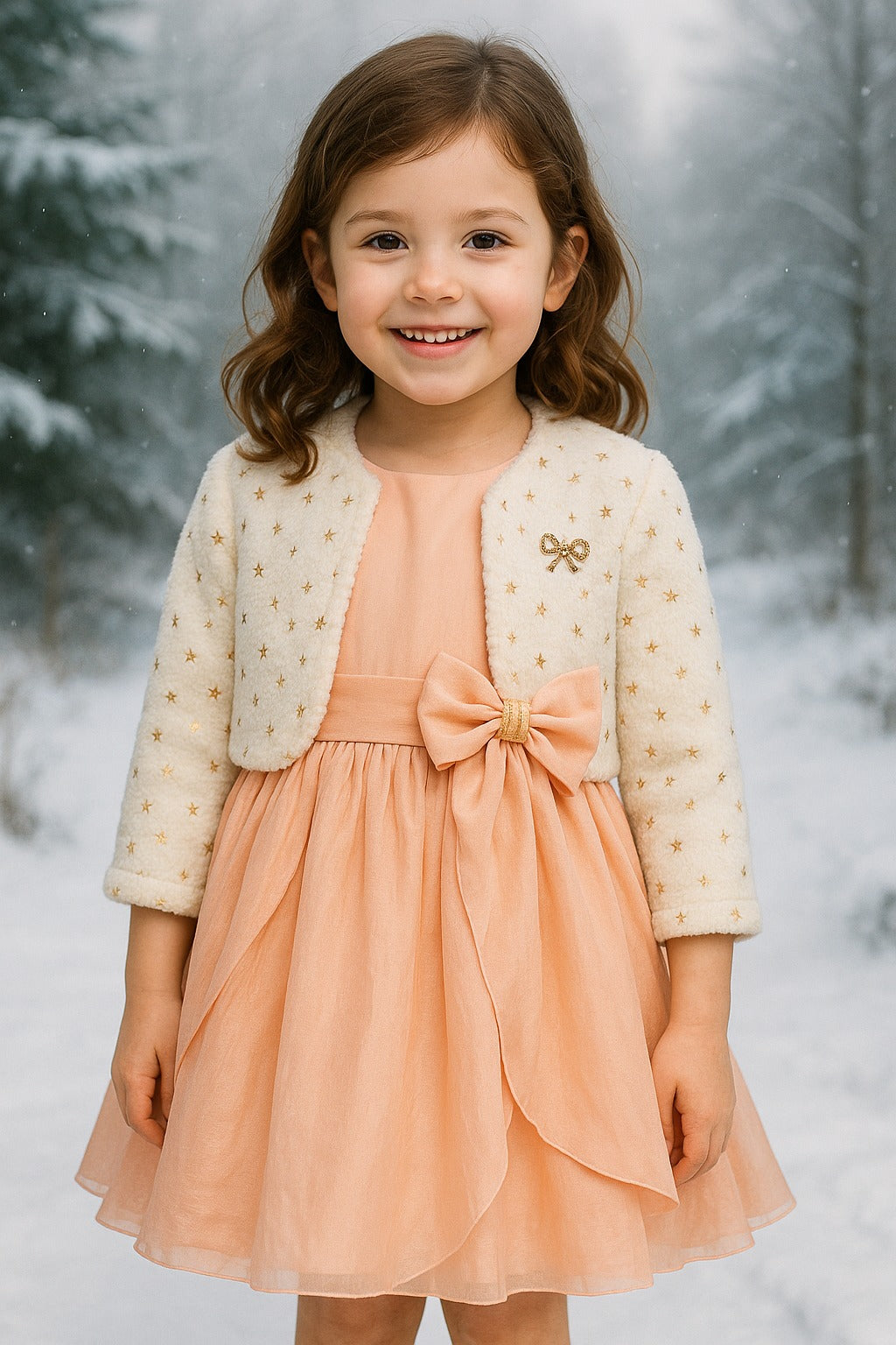 Girls Satin Party Frock with Bow & Cream Fur Jacket– Full Sleeves, Winter Special