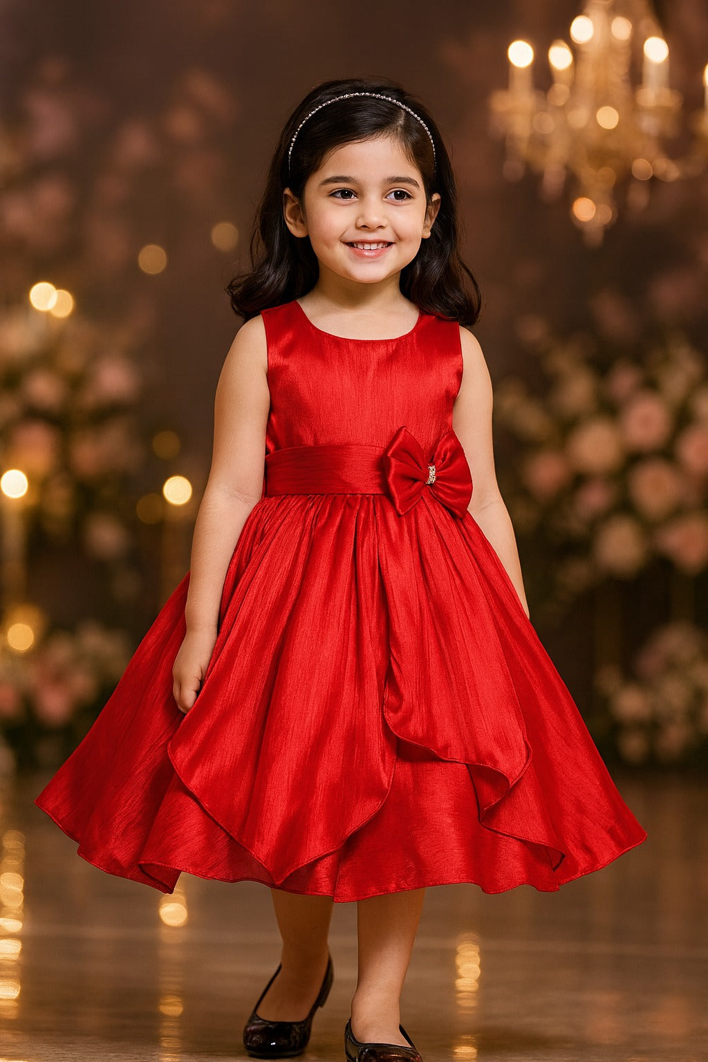 Girls Solid Pleated Satin Fit and Flare Frock Dress