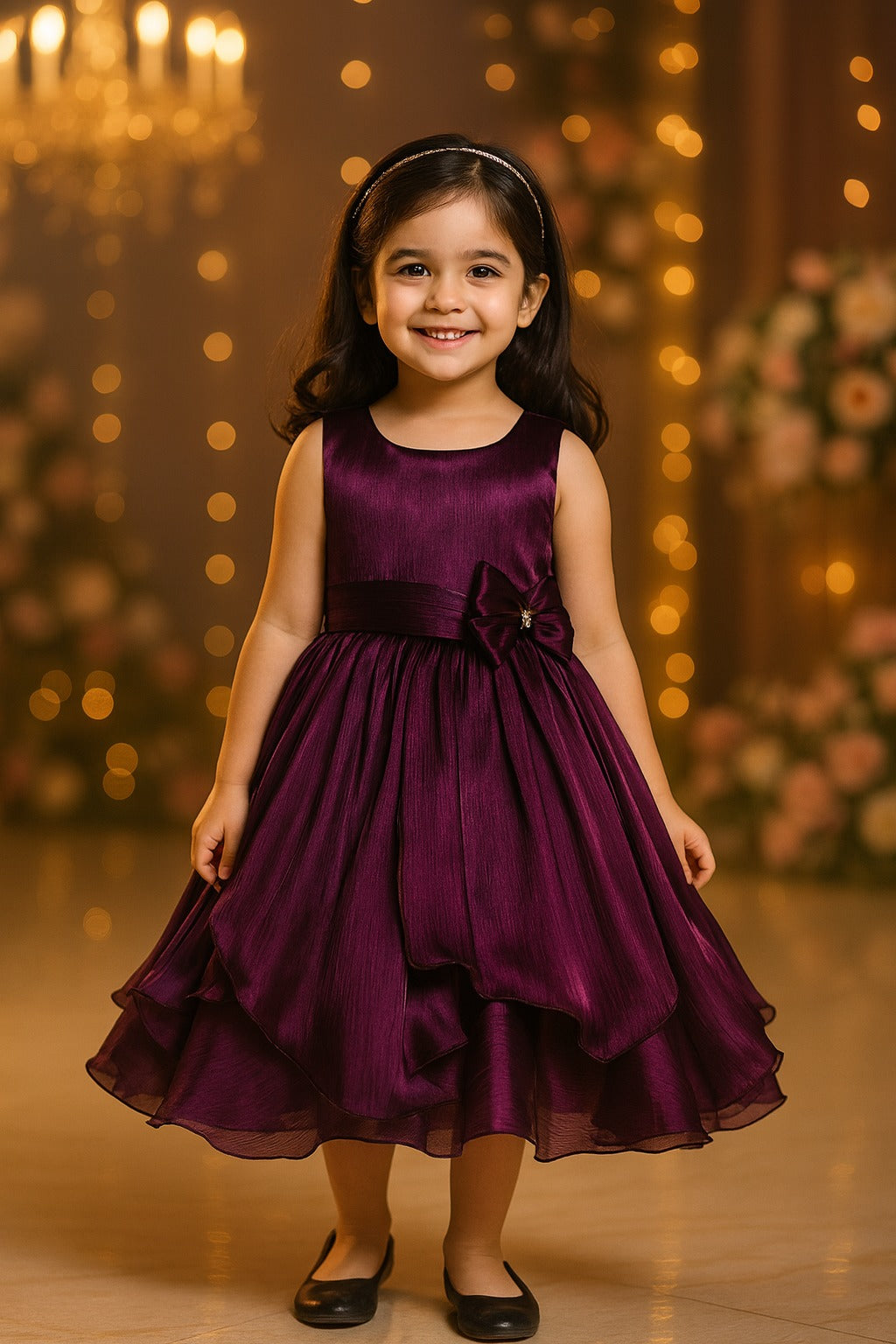 Girls Solid Pleated Satin Fit and Flare Frock Dress