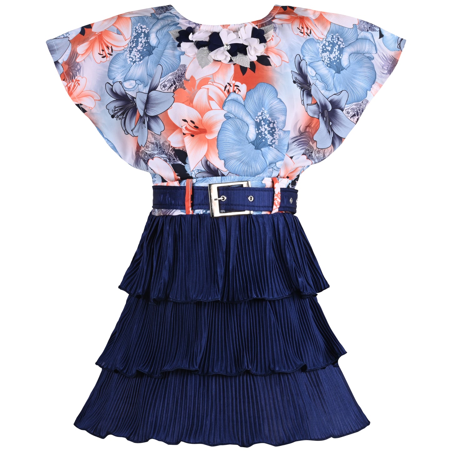 Girls Floral Print Layered Casual Dress with Belt