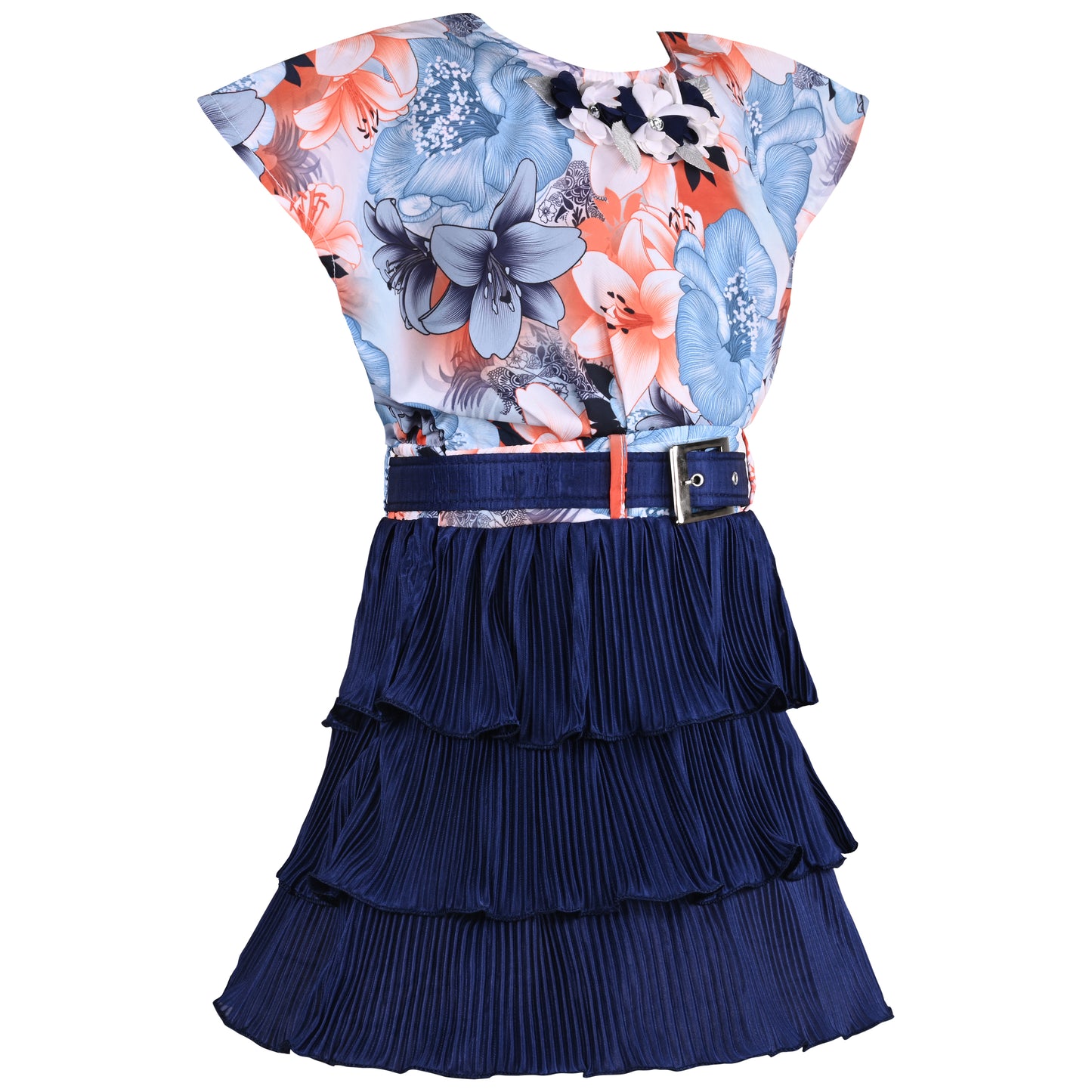 Girls Floral Print Layered Casual Dress with Belt