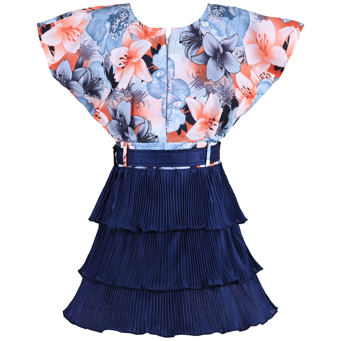 Girls Floral Print Layered Casual Dress with Belt