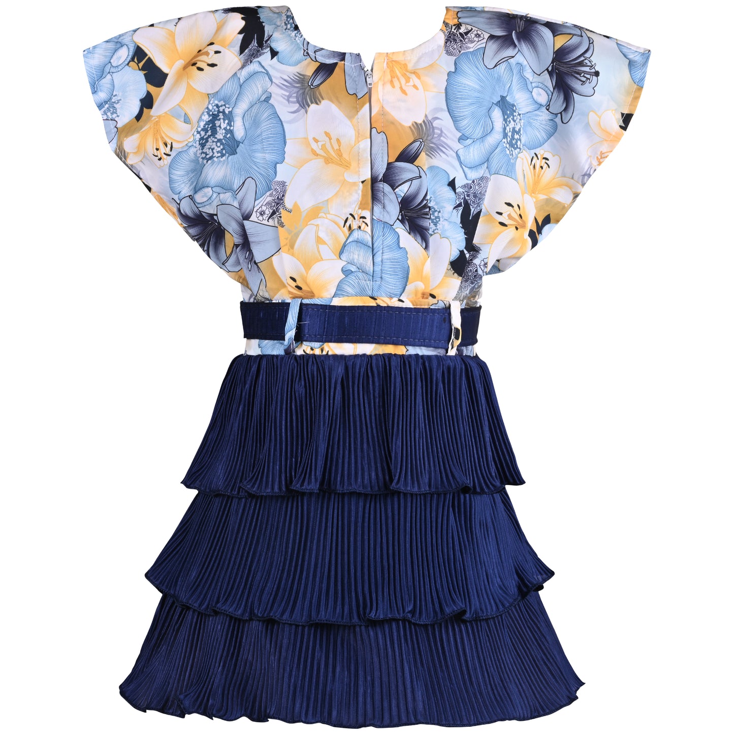 Girls Floral Print Layered Casual Dress with Belt