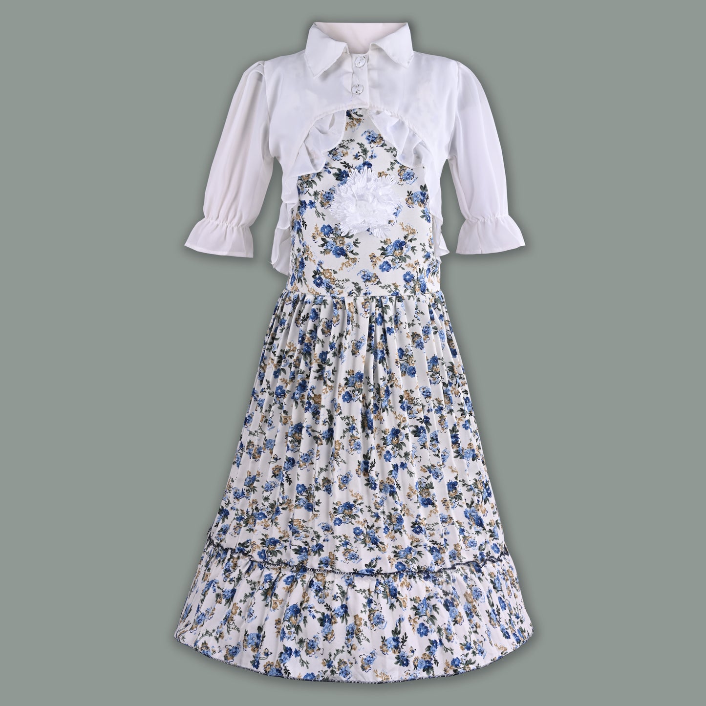Girls Floral Print Tiered Dress with Shirt Top