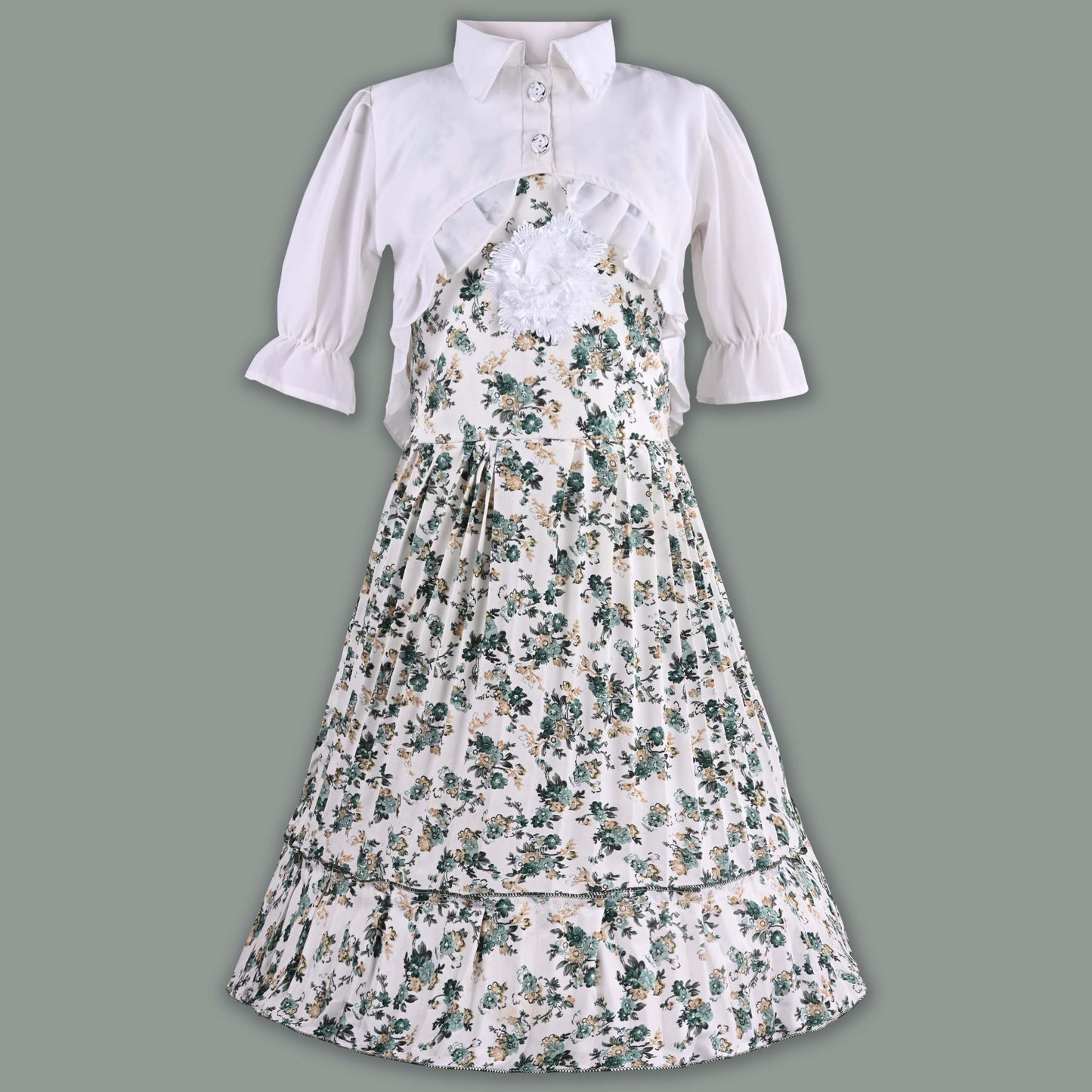 Girls Floral Print Tiered Dress with Shirt Top