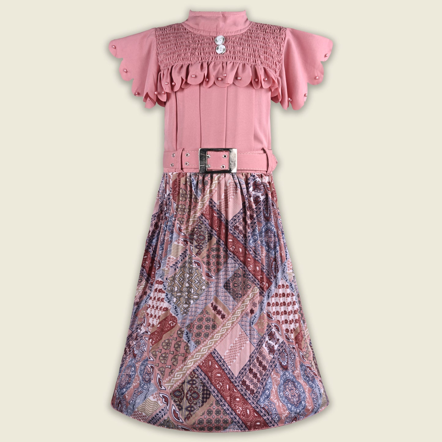 Girls Stylish Printed Casual Dress with Pearl Embellished Sleeves