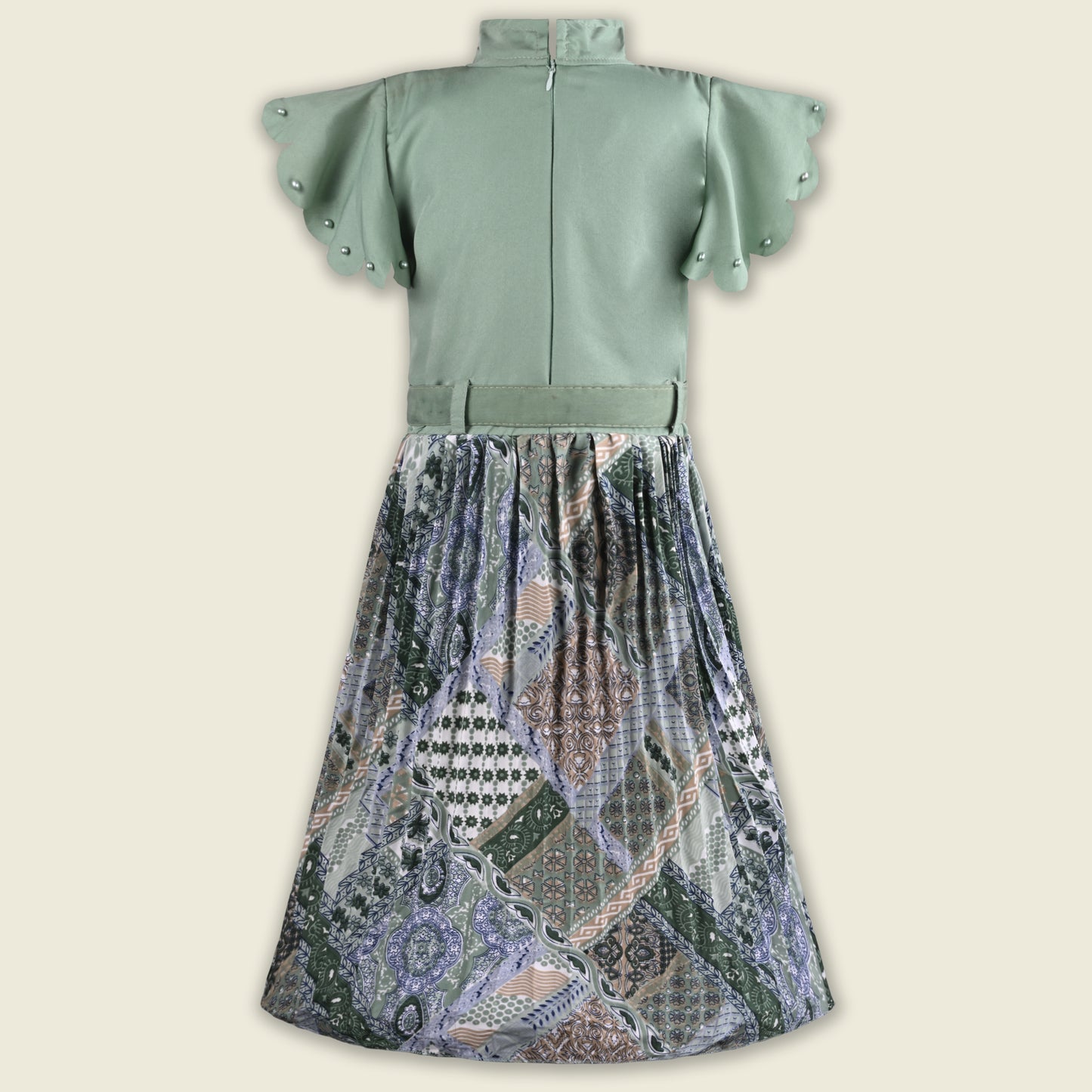 Girls Stylish Printed Casual Dress with Pearl Embellished Sleeves