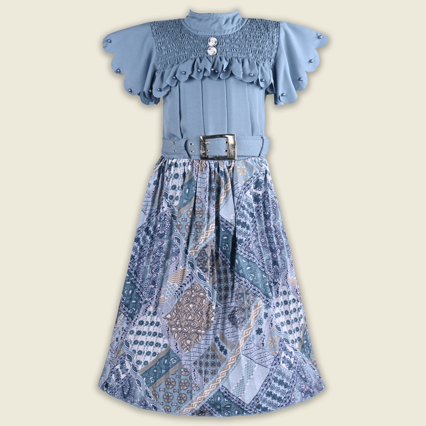Girls Stylish Printed Casual Dress with Pearl Embellished Sleeves