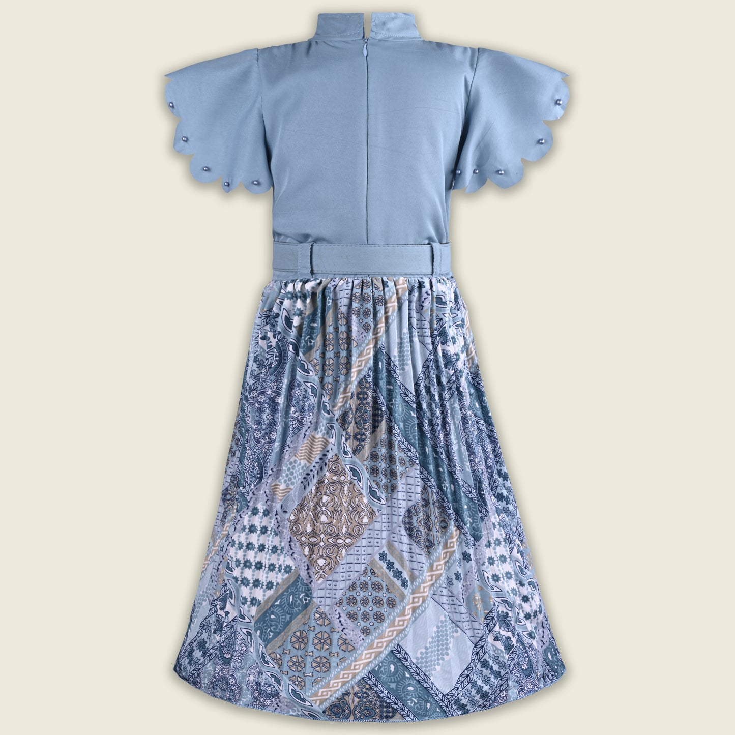 Girls Stylish Printed Casual Dress with Pearl Embellished Sleeves