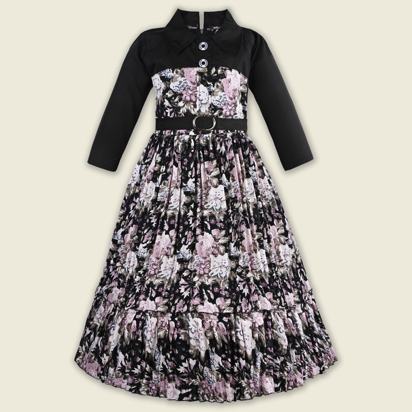 Girls Floral Print Satin Collared Casual Dress fe3444