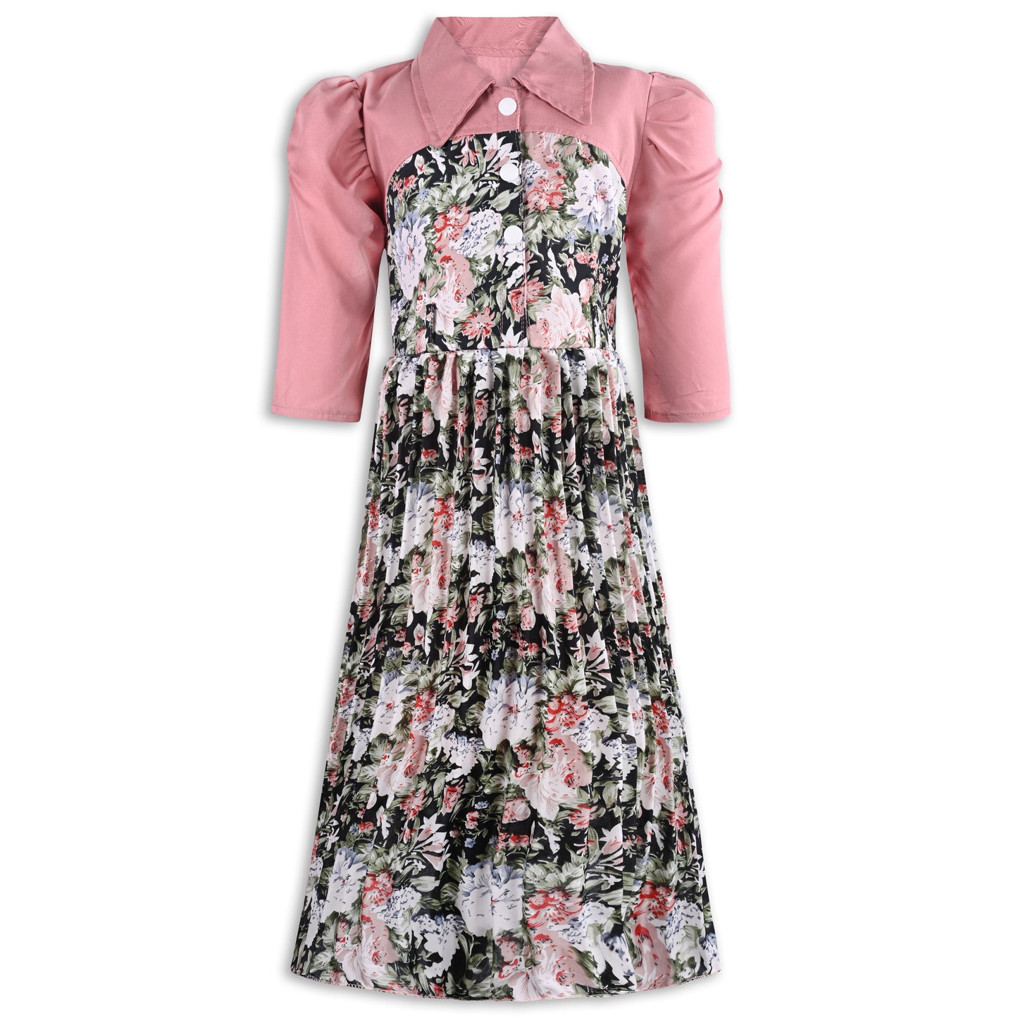 Girls Floral Print Satin Collared Casual Dress fe3444