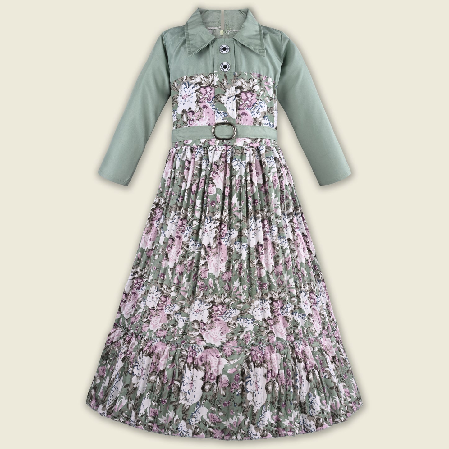 Girls Floral Print Satin Collared Casual Dress fe3444