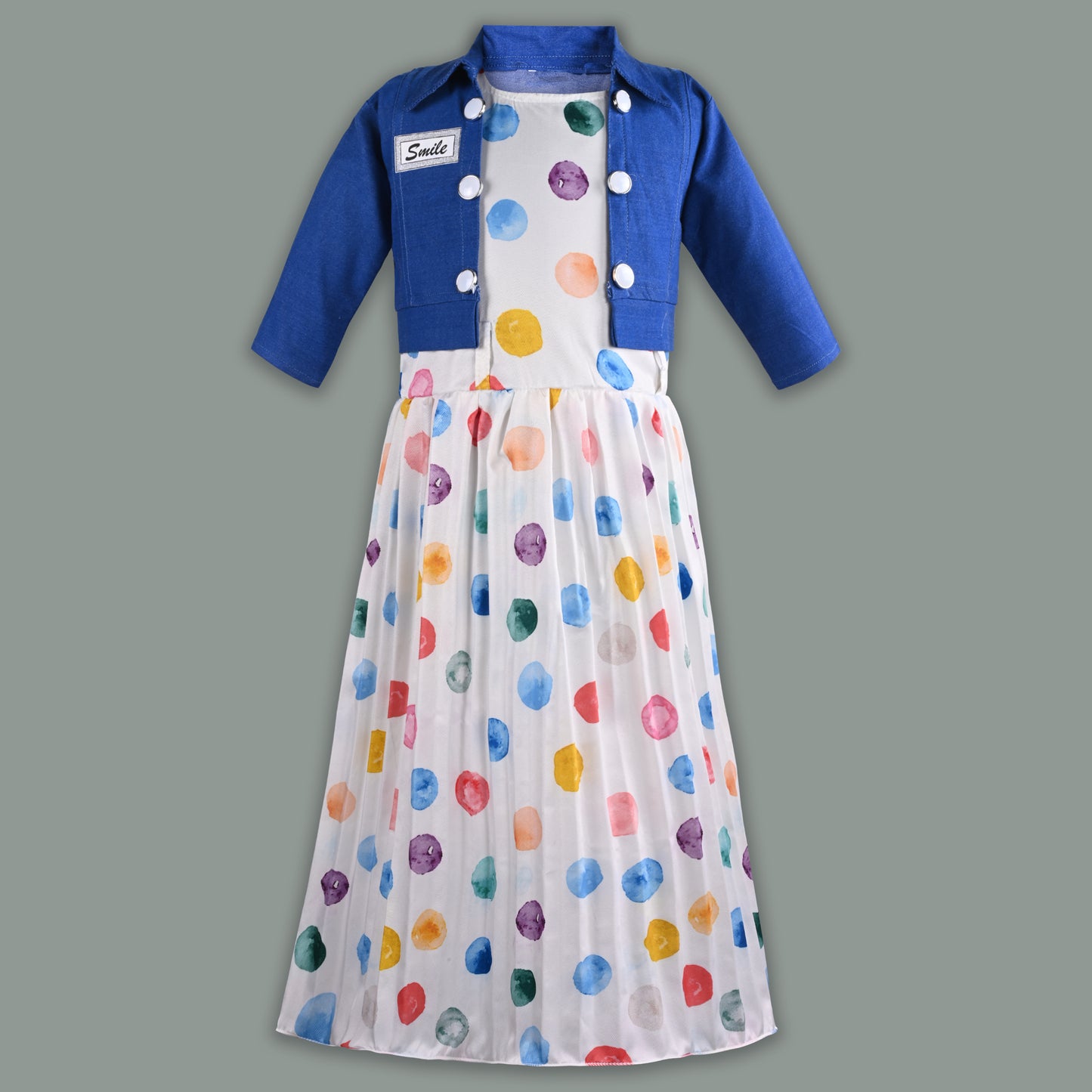Girls Polka Print Flared Casual Dress with Jacket