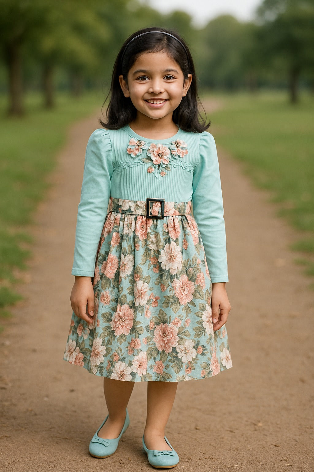 Girls Floral Pleated Casual Dress with Belt