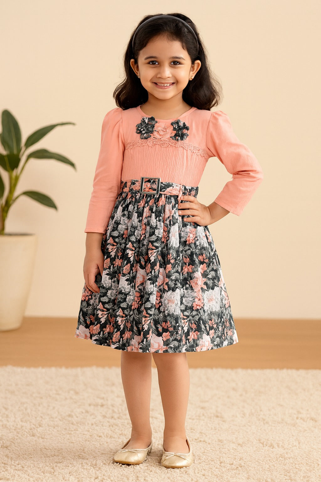 Girls Floral Pleated Casual Dress with Belt