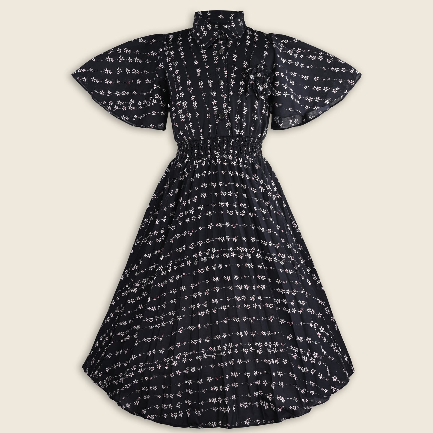 Girls Floral Print Georgette Casual Dress with Flared Sleeves
