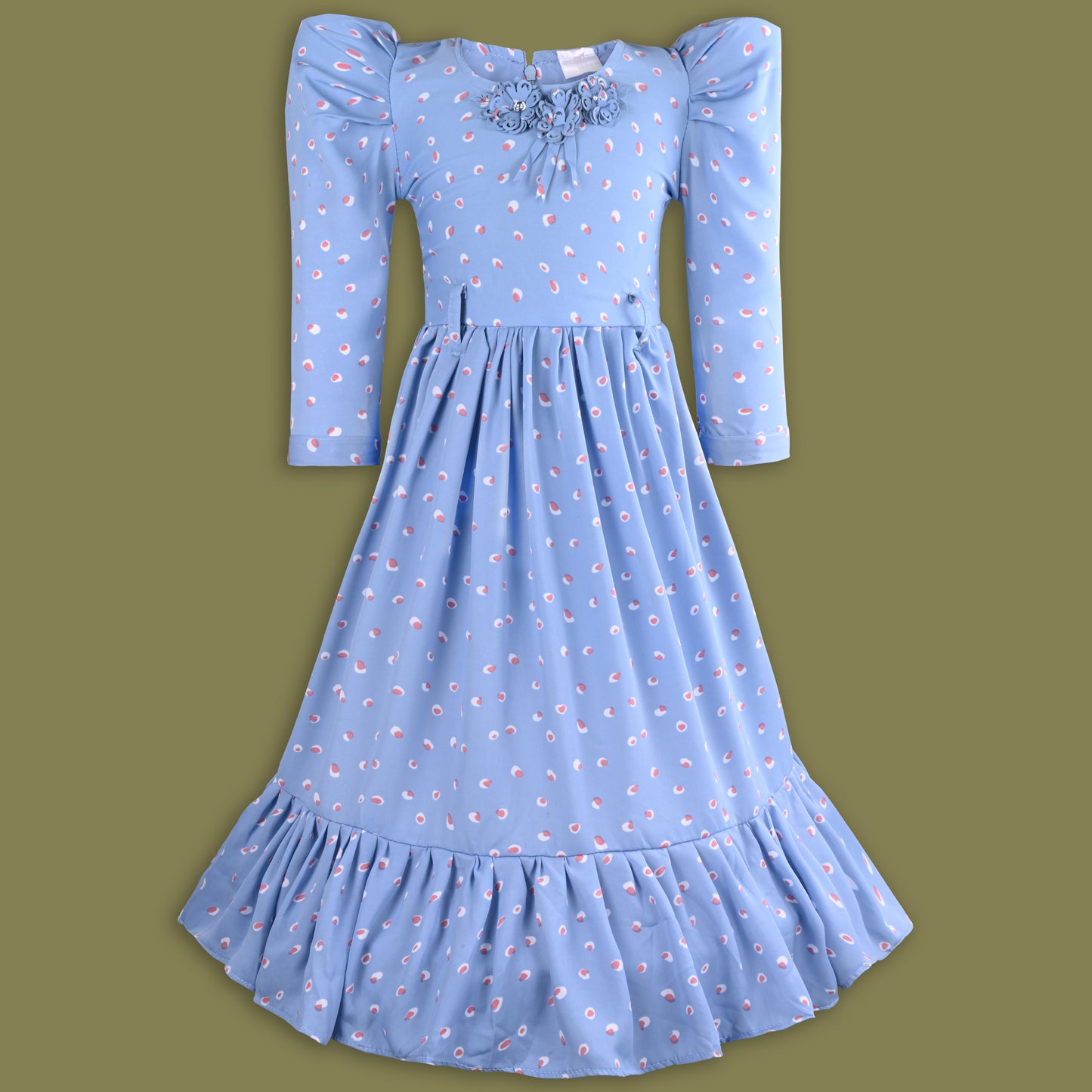 Girls Printed Flared Casual Dress with Puff Sleeves