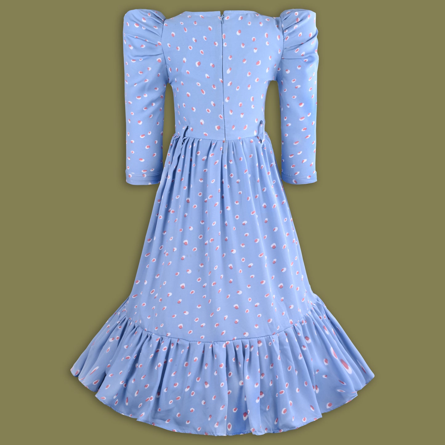 Girls Printed Flared Casual Dress with Puff Sleeves