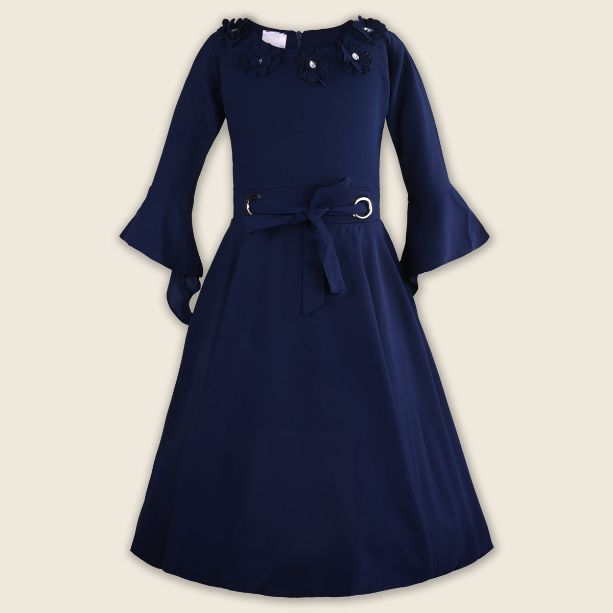 Girls Floral Neckline A-Line Casual Dress with Waist Tie
