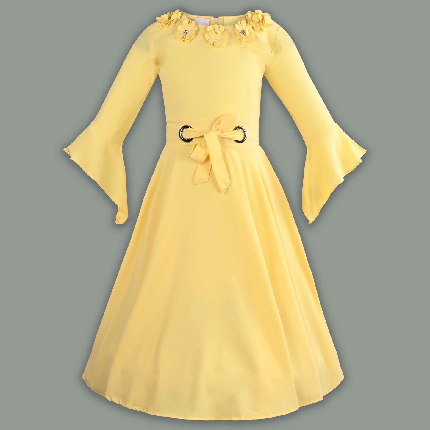 Girls Floral Neckline A-Line Casual Dress with Waist Tie