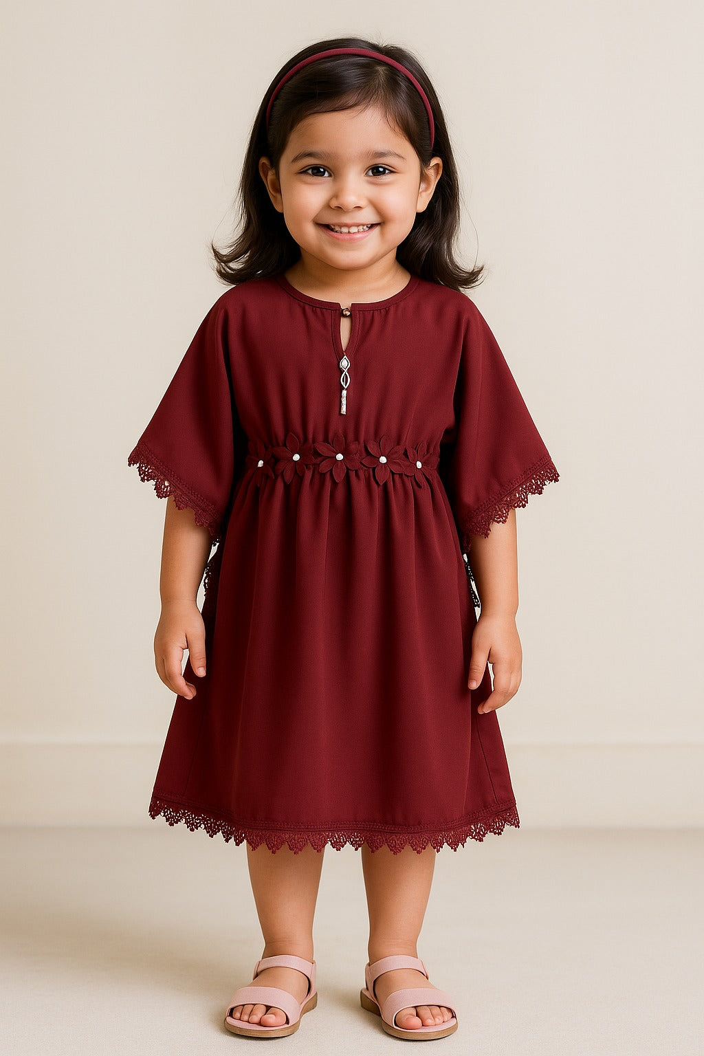 Girls Kaftan Style Casual Dress with Lace Embellishment fe3484