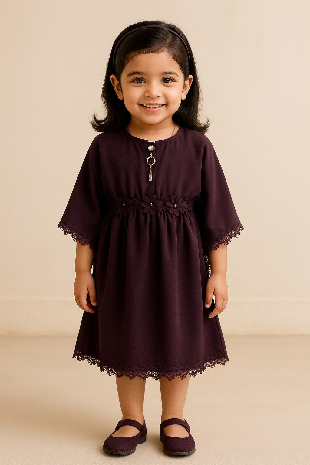 Girls Kaftan Style Casual Dress with Lace Embellishment fe3484