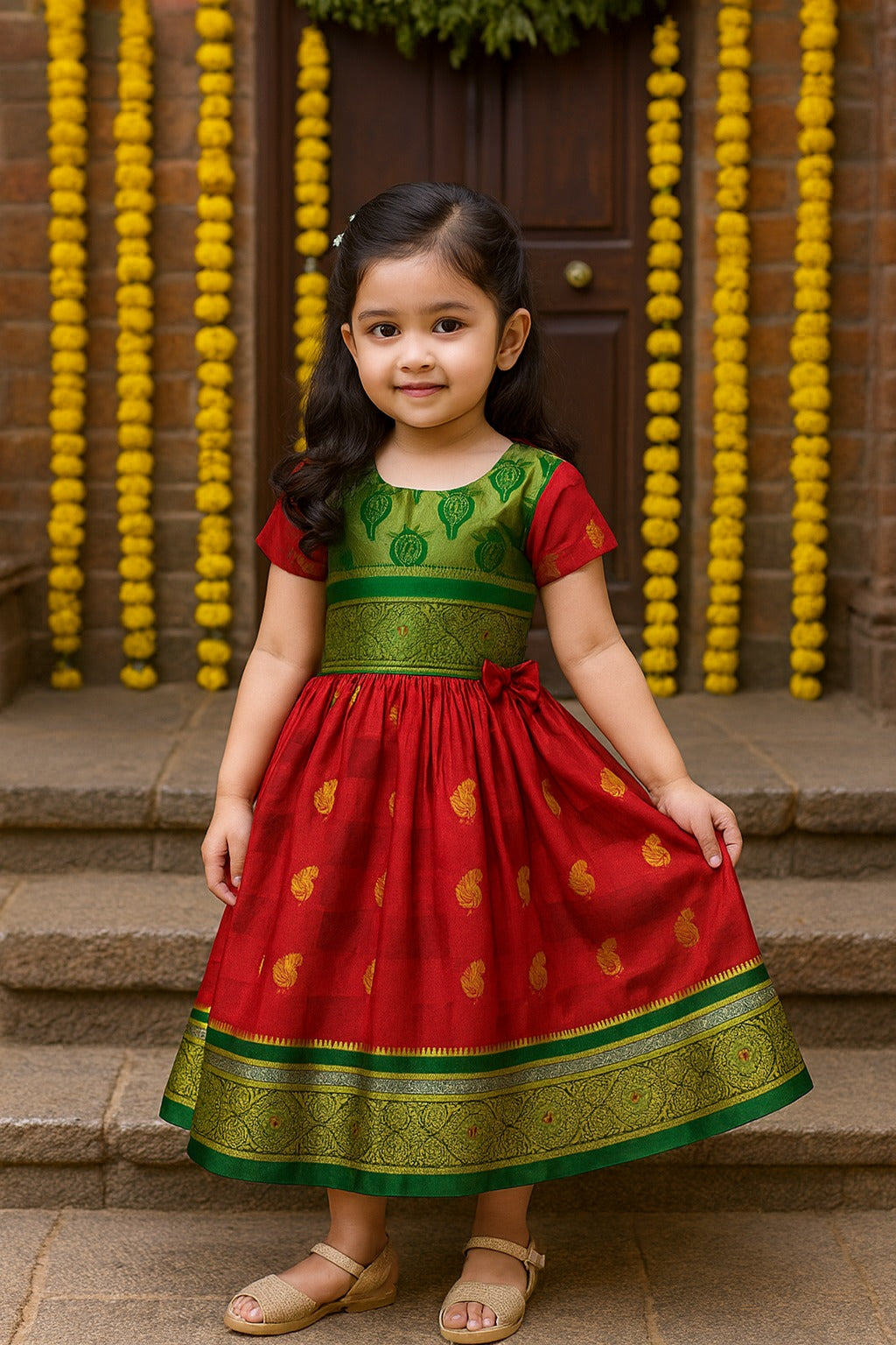 Girls Woven Zari Short Sleeve Round Neck Ethnic Dress