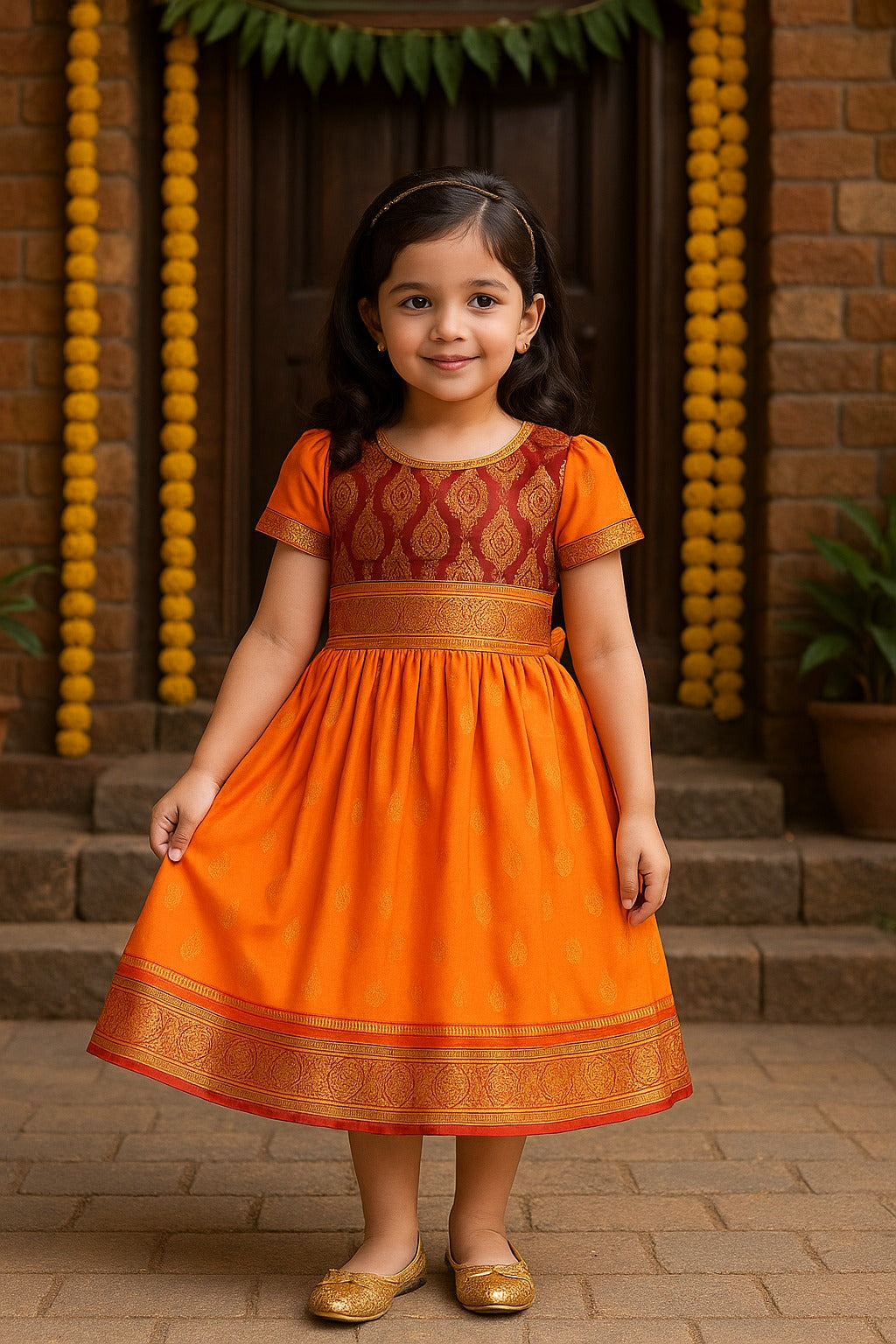 Girls Woven Zari Short Sleeve Round Neck Ethnic Dress