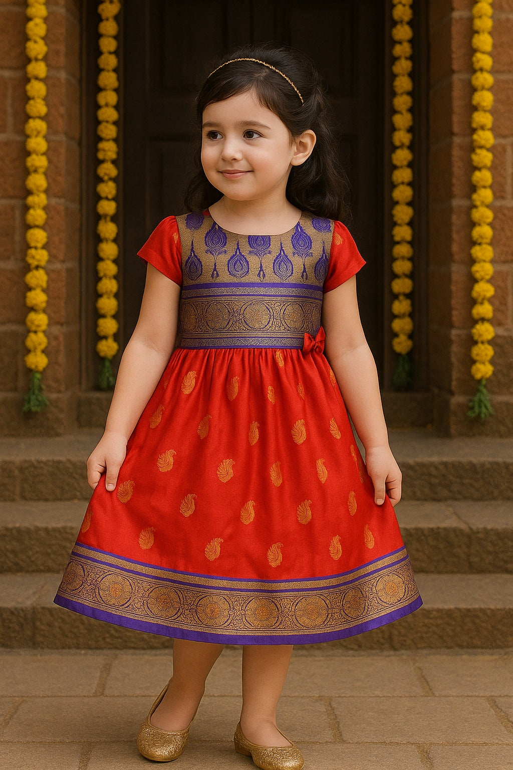 Girls Woven Zari Short Sleeve Round Neck Ethnic Dress