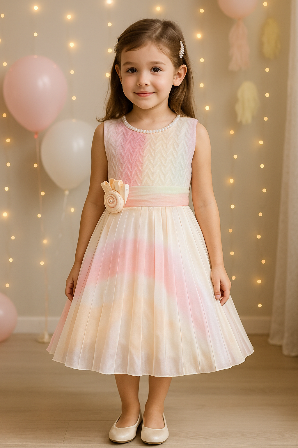 Girls Pearl Embellished Pleated Party Dress