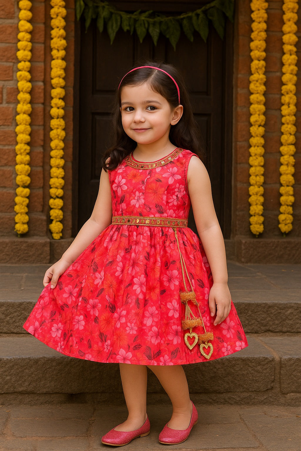 Girls Floral Chiffon Summer Dress with Mirror Work Festive Wear - Wish Karo