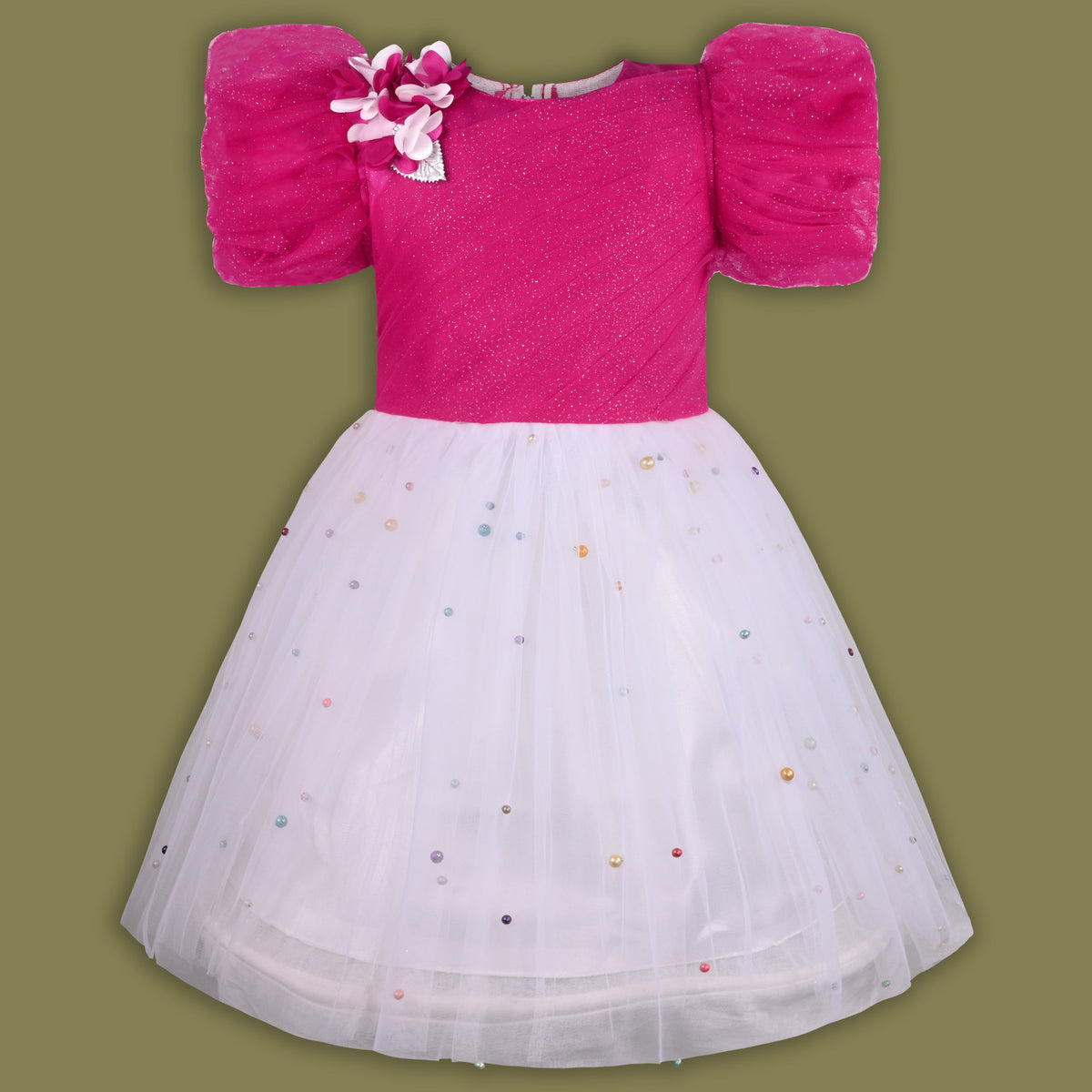 Girls Pearl Embellished Glitter Net Party Dress - Wish Karo - photo 1